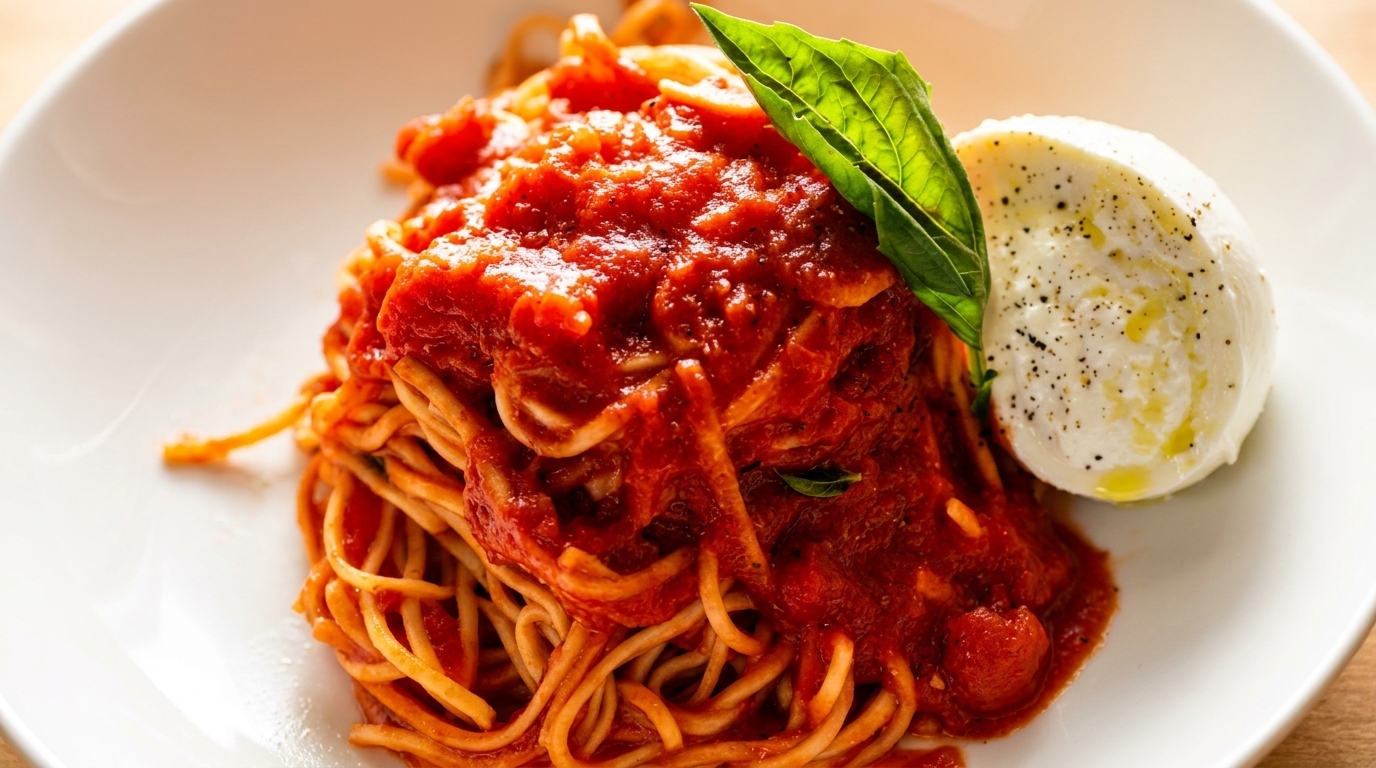 Spaghetti with rich red tomato sauce, fresh basil, and a scoop of burrata cheese.