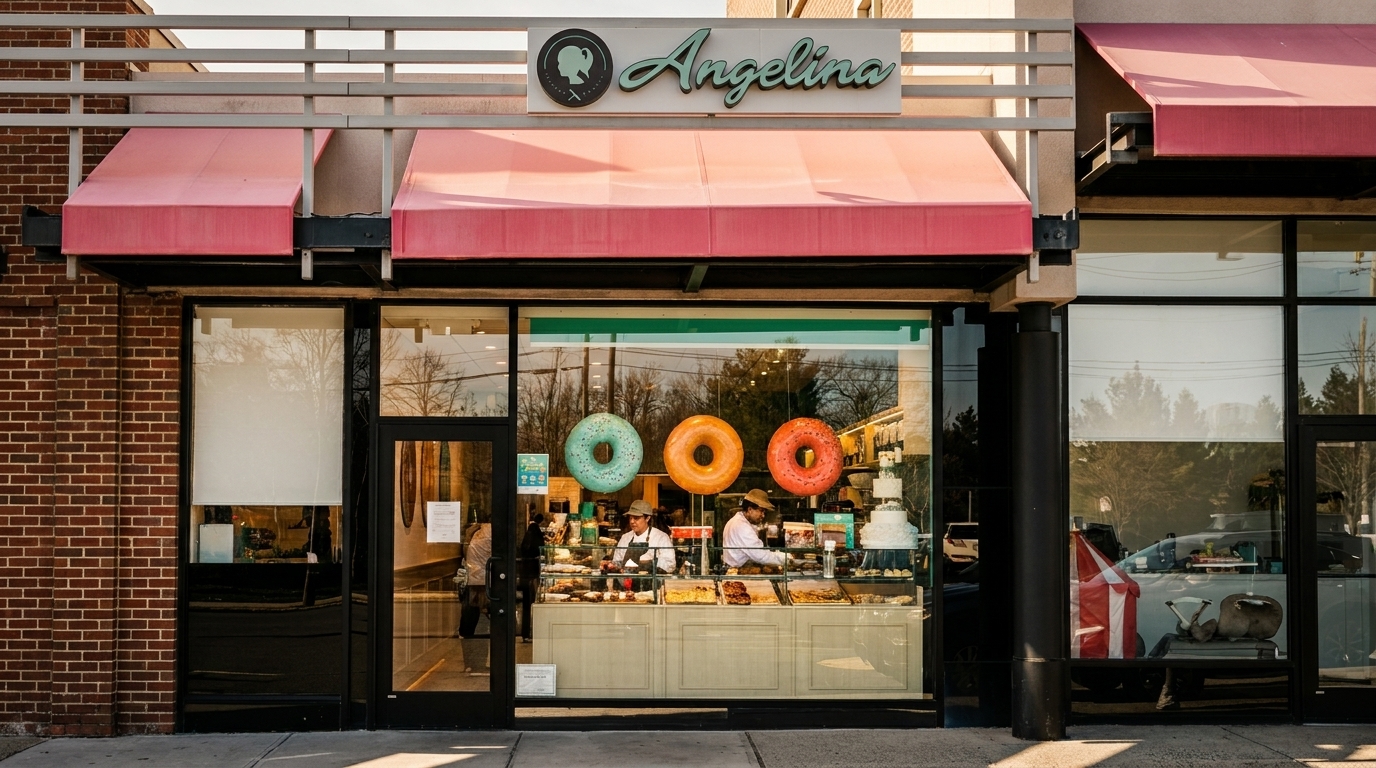 Angelina bakery storefront with pink awnings, large display window, and two bakers inside.