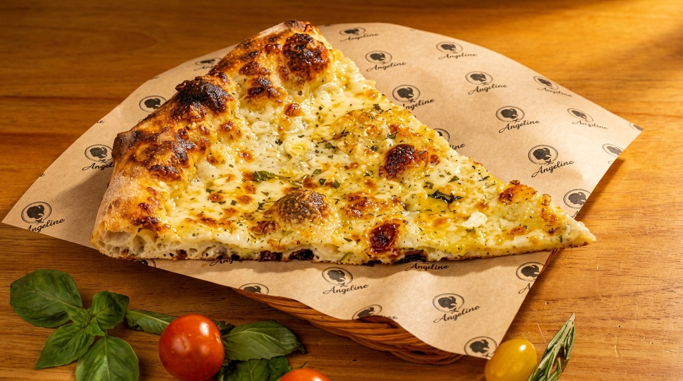 A slice of cheesy pizza with herbs on branded parchment paper, next to basil and tomatoes.