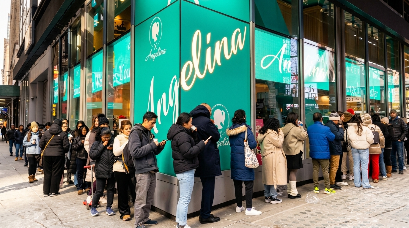 People queue outside Angelina Bakery, a teal-colored storefront with Angelina in script.