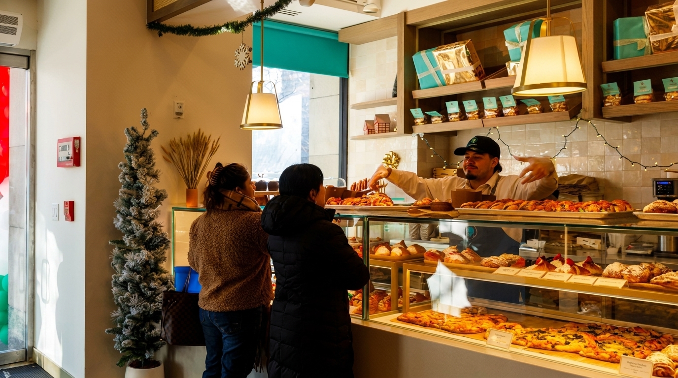 Two customers at a bakery counter, with a baker serving pastries from a display case.