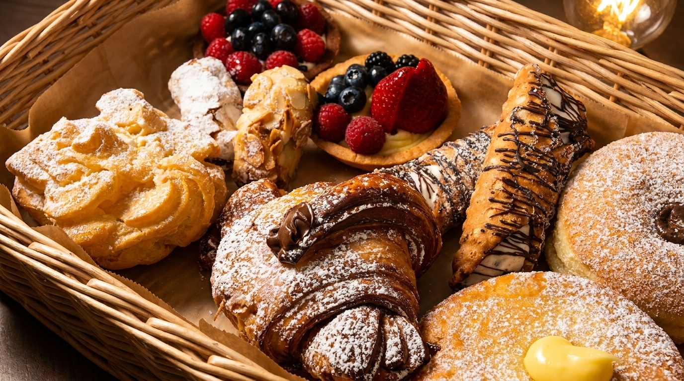 Assortment of pastries, including croissants, fruit tarts, cannolis, and donuts, in a wicker basket.