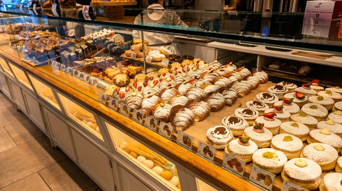 A bakery display case filled with rows of croissants, donuts, and pastries, with a baker in the background.