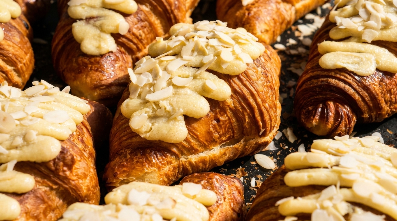 Close-up of golden-brown almond croissants with creamy topping and sliced almonds on a dark surface.