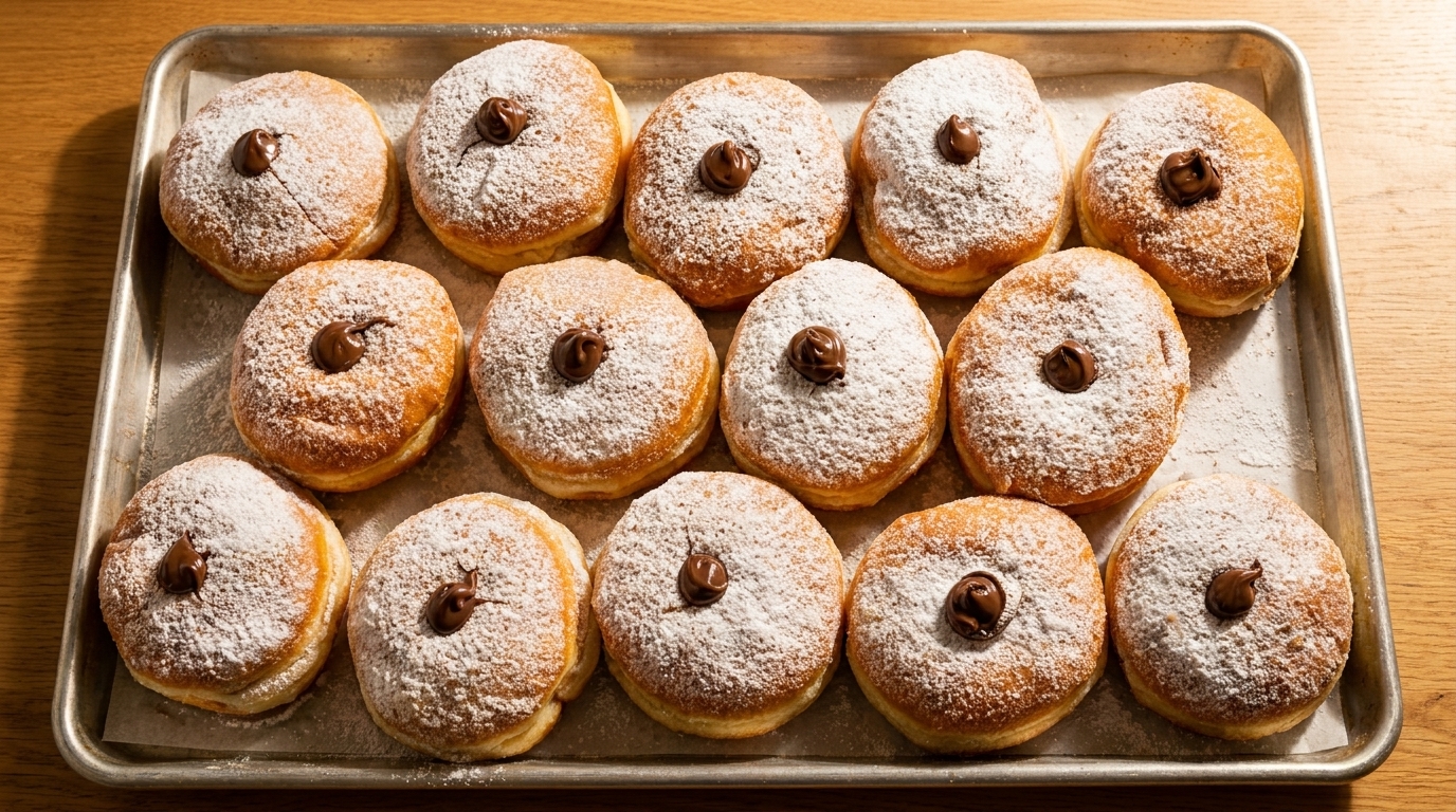 A tray of freshly baked donuts, dusted with powdered sugar and topped with chocolate hazelnut spread.