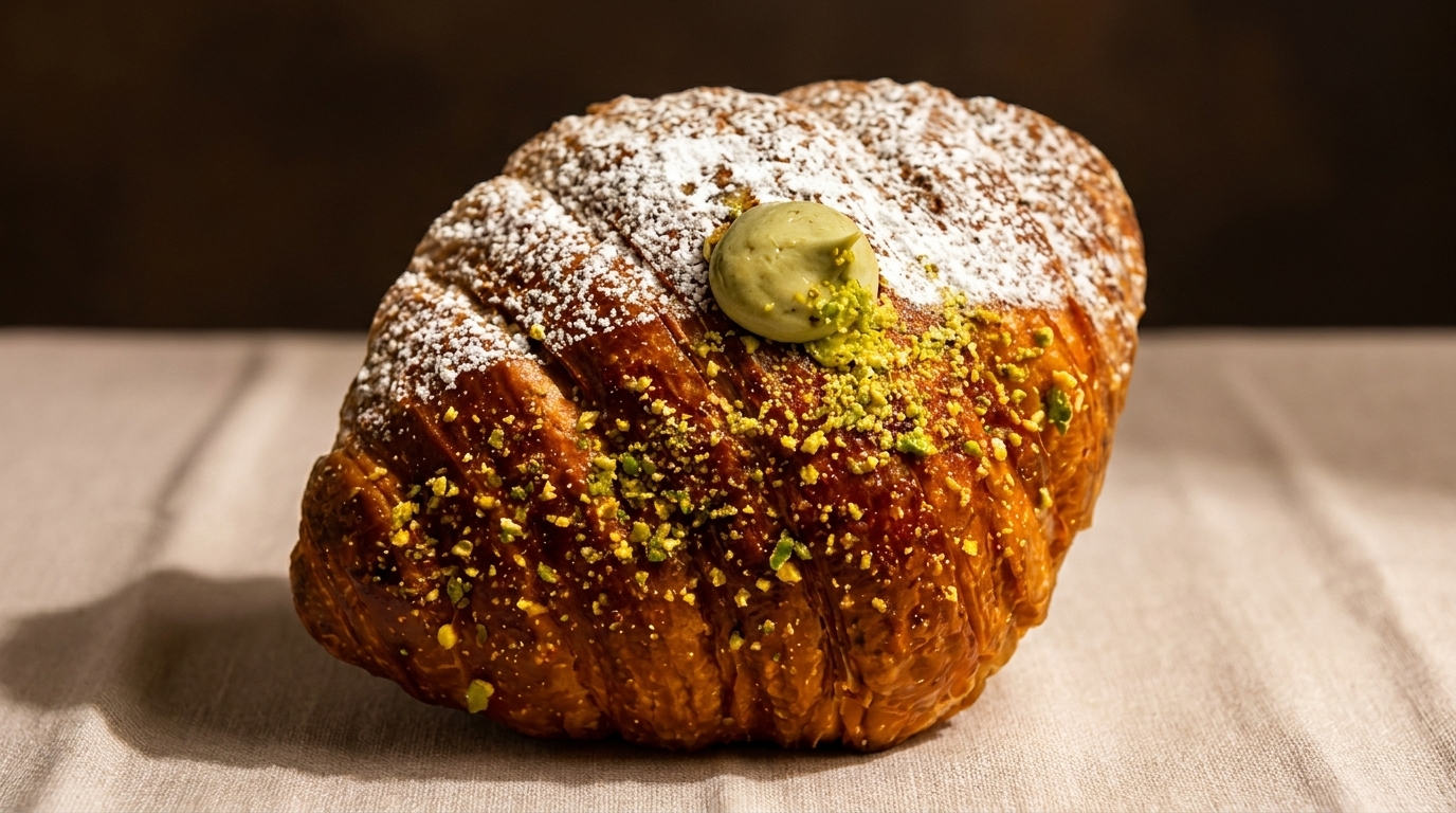 A golden-brown croissant dusted with powdered sugar, pistachio cream, and chopped pistachios on a linen cloth.
