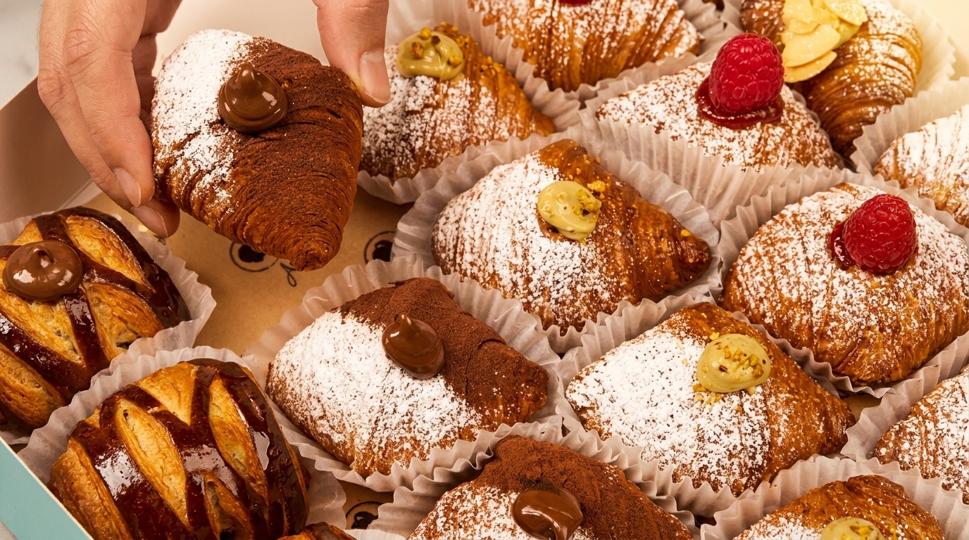 Hand picking up a chocolate croissant from a box of assorted pastries with various toppings.