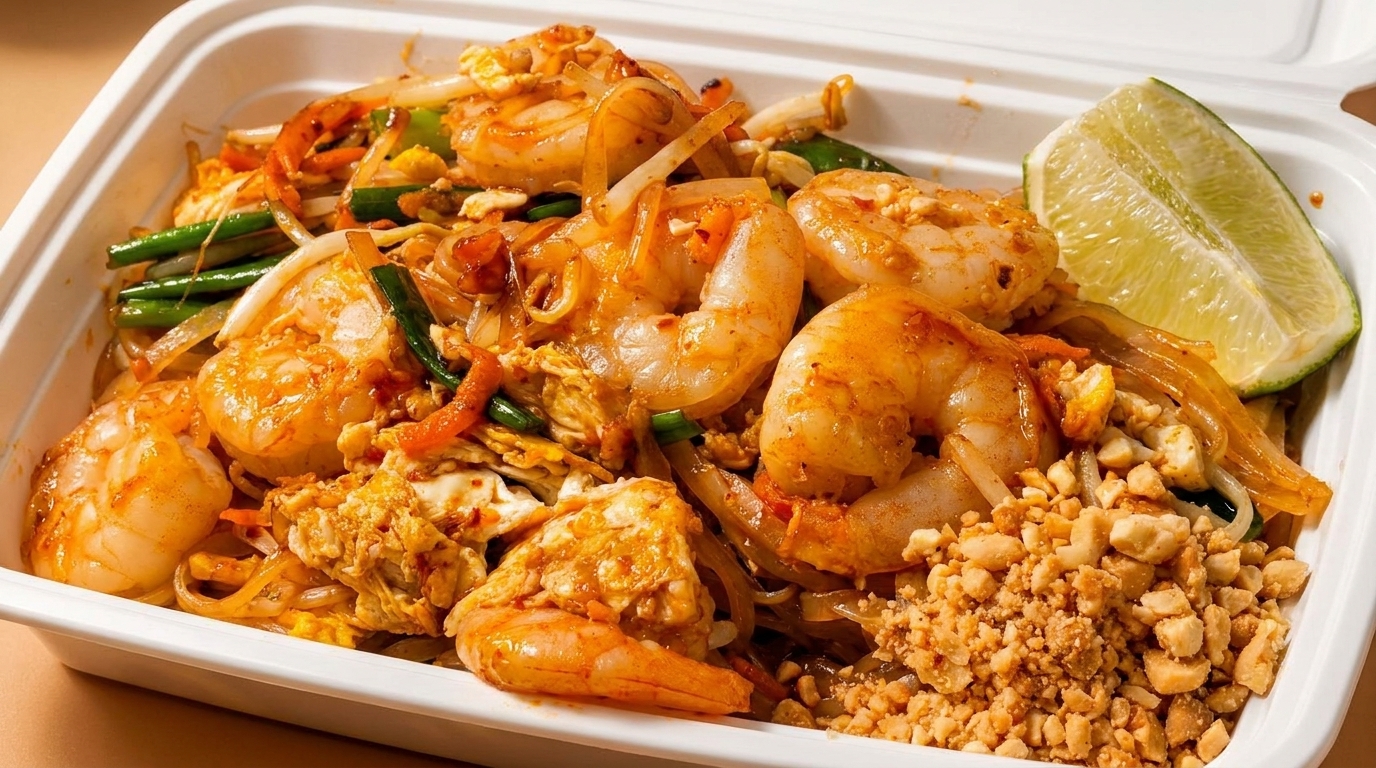 Shrimp Pad Thai with noodles, vegetables, crushed peanuts, and a lime wedge in a white takeout container.