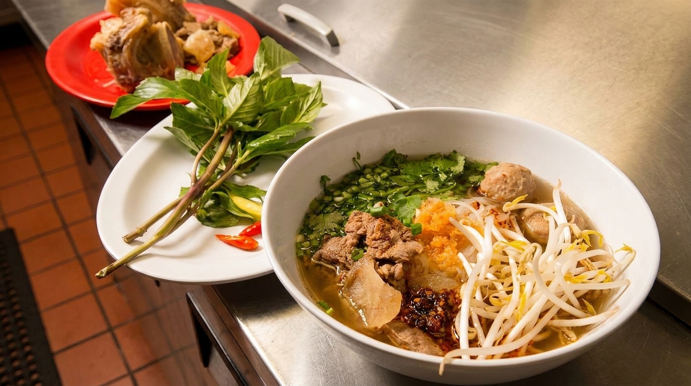 A bowl of pho with beef, meatballs, and bean sprouts, alongside a plate of fresh basil and chilies.