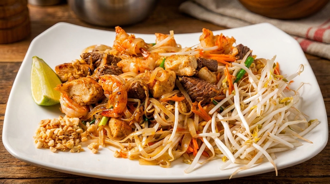 Pad Thai with shrimp, chicken, beef, tofu, bean sprouts, and lime on a white plate.
