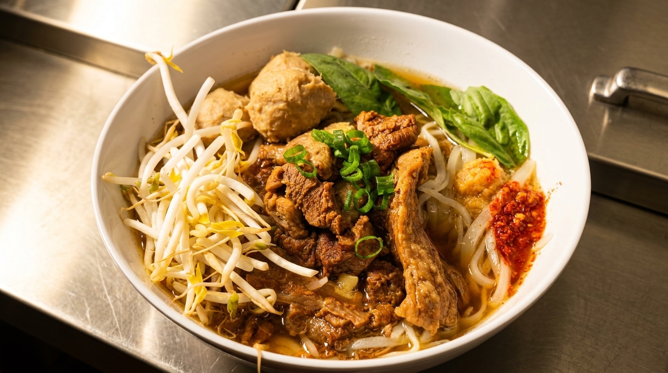 A bowl of pho with beef, meatballs, bean sprouts, basil, and chili paste.