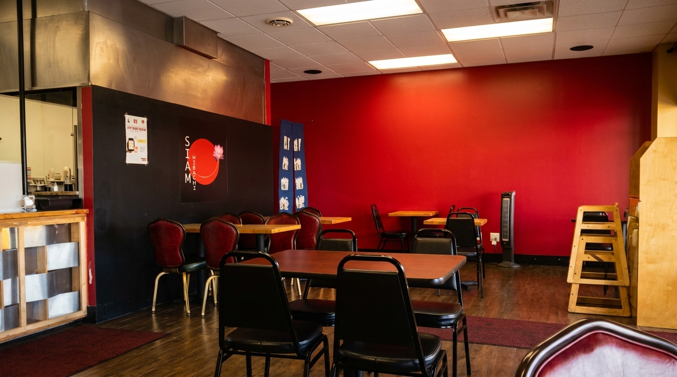 Interior of a restaurant with red and black walls, tables, chairs, and a "Siam Hibachi" sign.