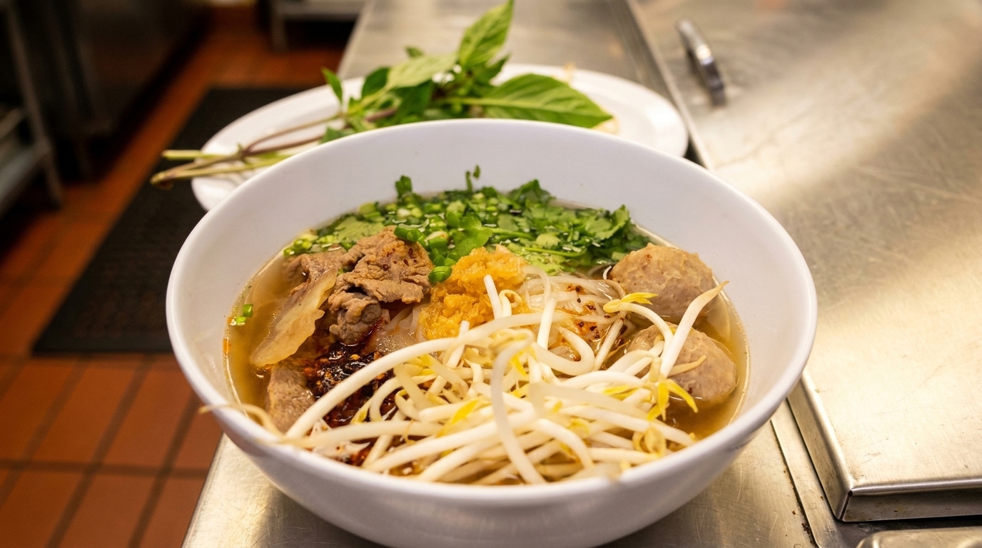 A bowl of Thai beef noodle soup with meatballs, bean sprouts, and herbs on a metal counter.