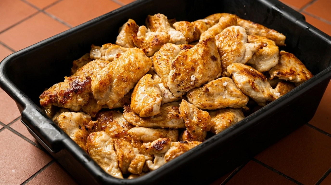 Close-up of golden-brown grilled chicken pieces in a black serving tray on a tiled surface.
