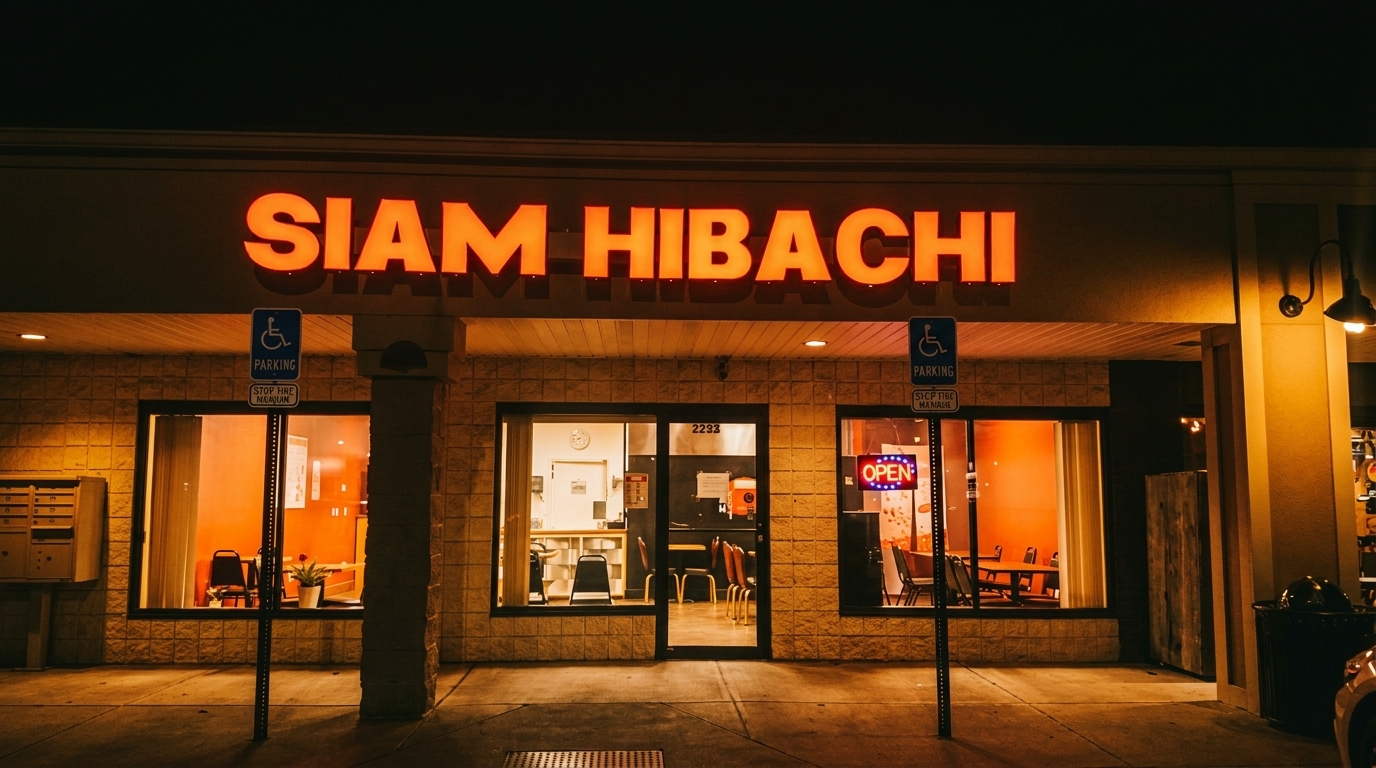 Exterior of Siam Hibachi restaurant at night, with a bright orange neon sign and visible interior seating.