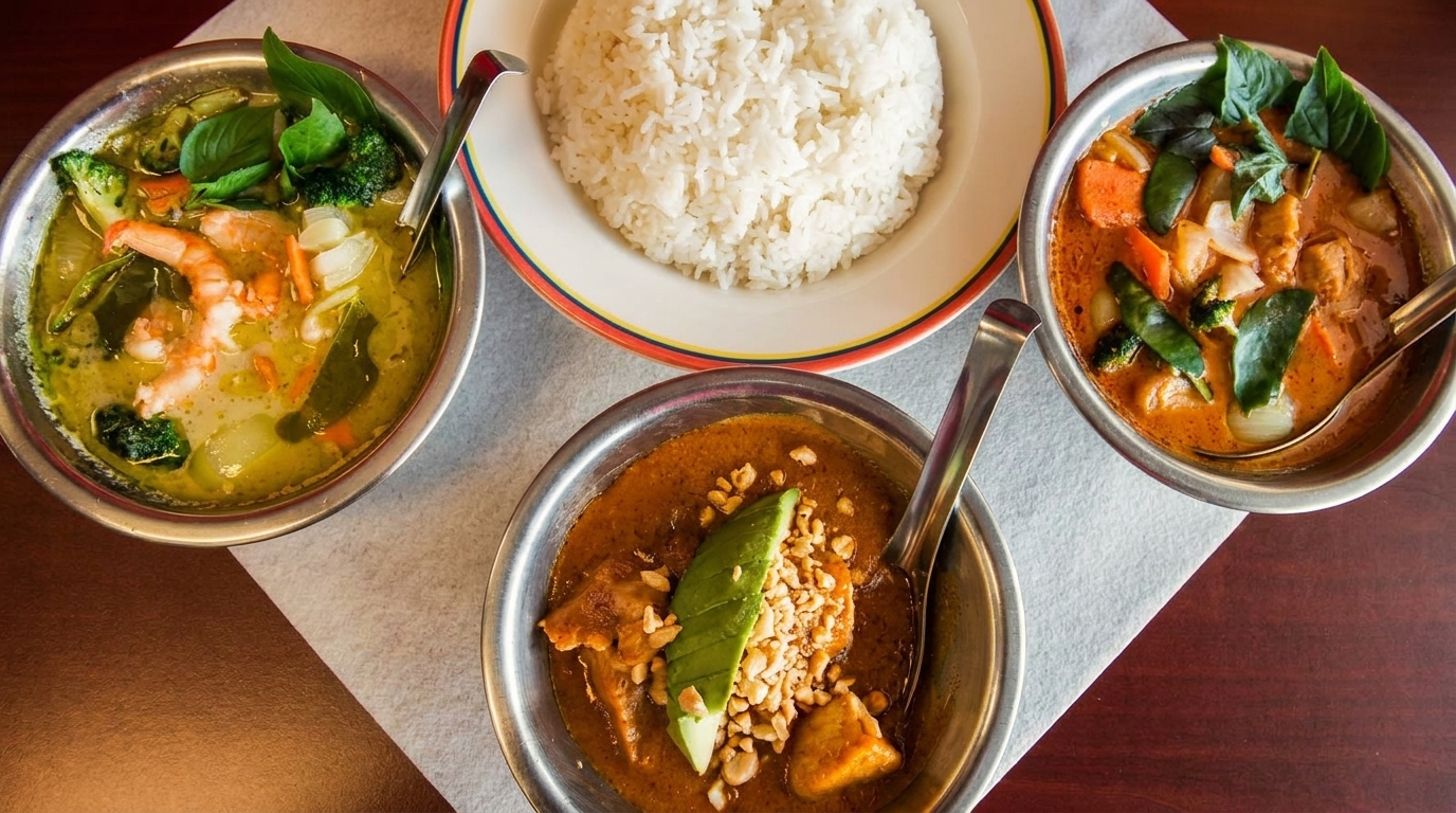 Three bowls of colorful Thai curries with rice, including green, red, and peanut curries.
