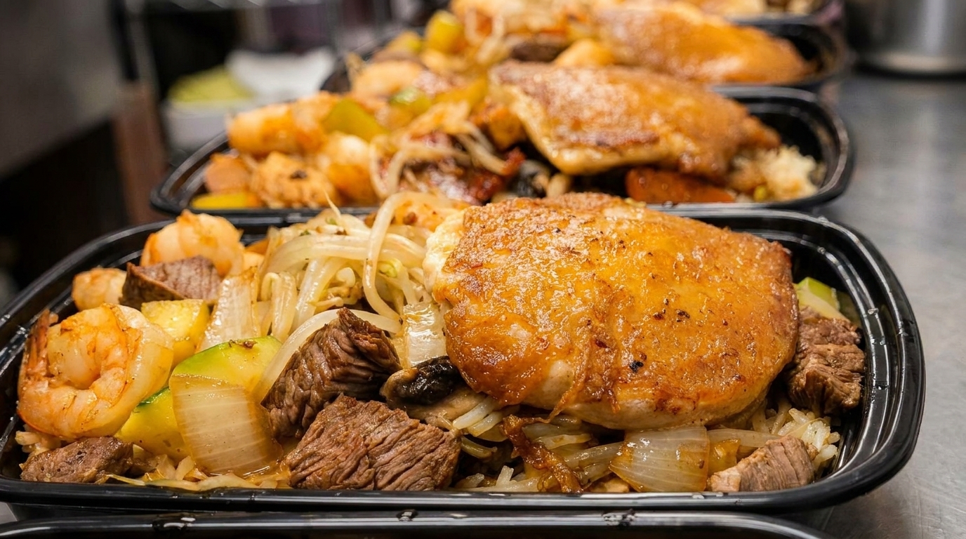 Close-up of three takeout containers filled with hibachi chicken, steak, shrimp, rice, and vegetables.