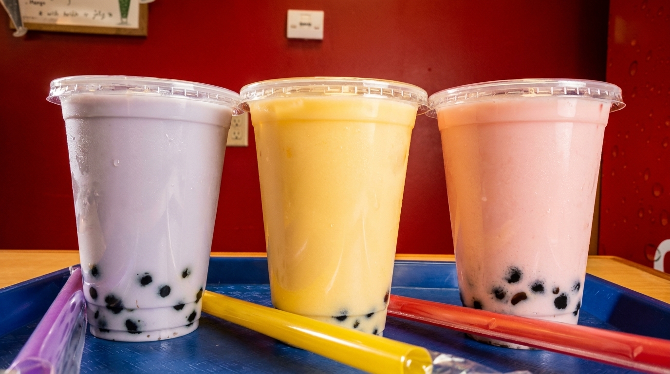 Three colorful bubble teas, purple, yellow, and pink, with boba pearls and straws on a blue tray.