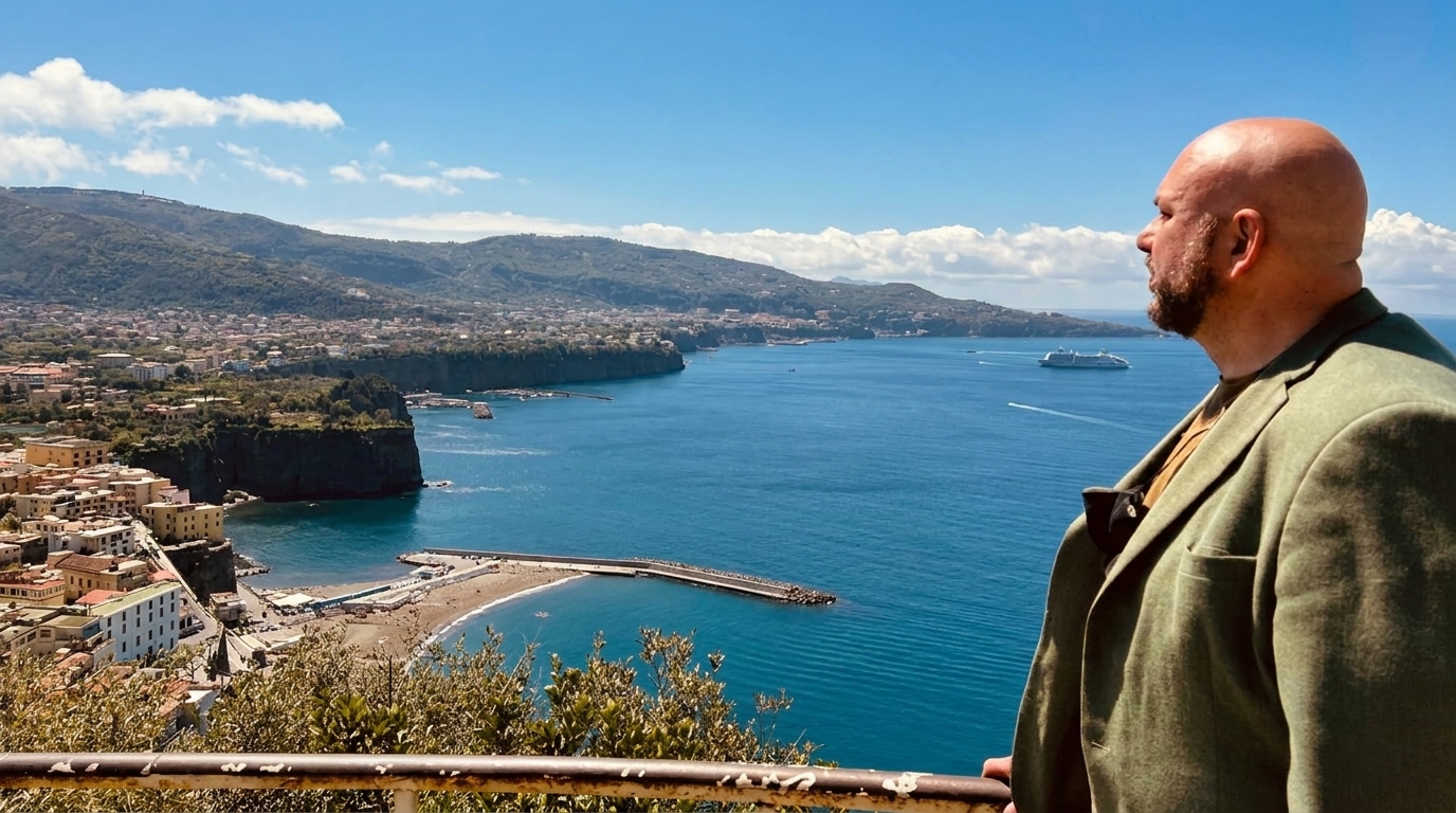 A man in a green jacket overlooks a coastal town, blue sea, and distant mountains under a clear sky.