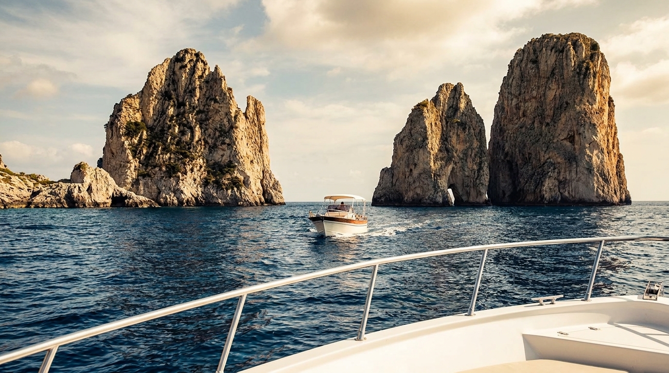 A small boat cruises past towering sea stacks with natural arches in blue water under a cloudy sky.