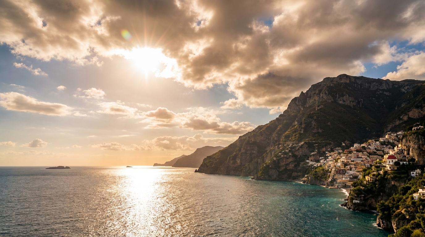 Sunlight reflects on the ocean next to a coastal town nestled into a steep, rocky mountain.
