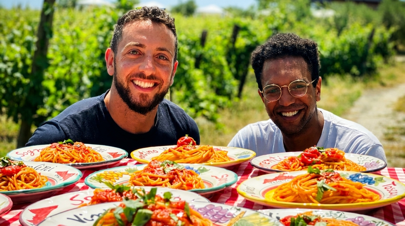 Two smiling men behind a table filled with plates of spaghetti with tomato sauce and basil.