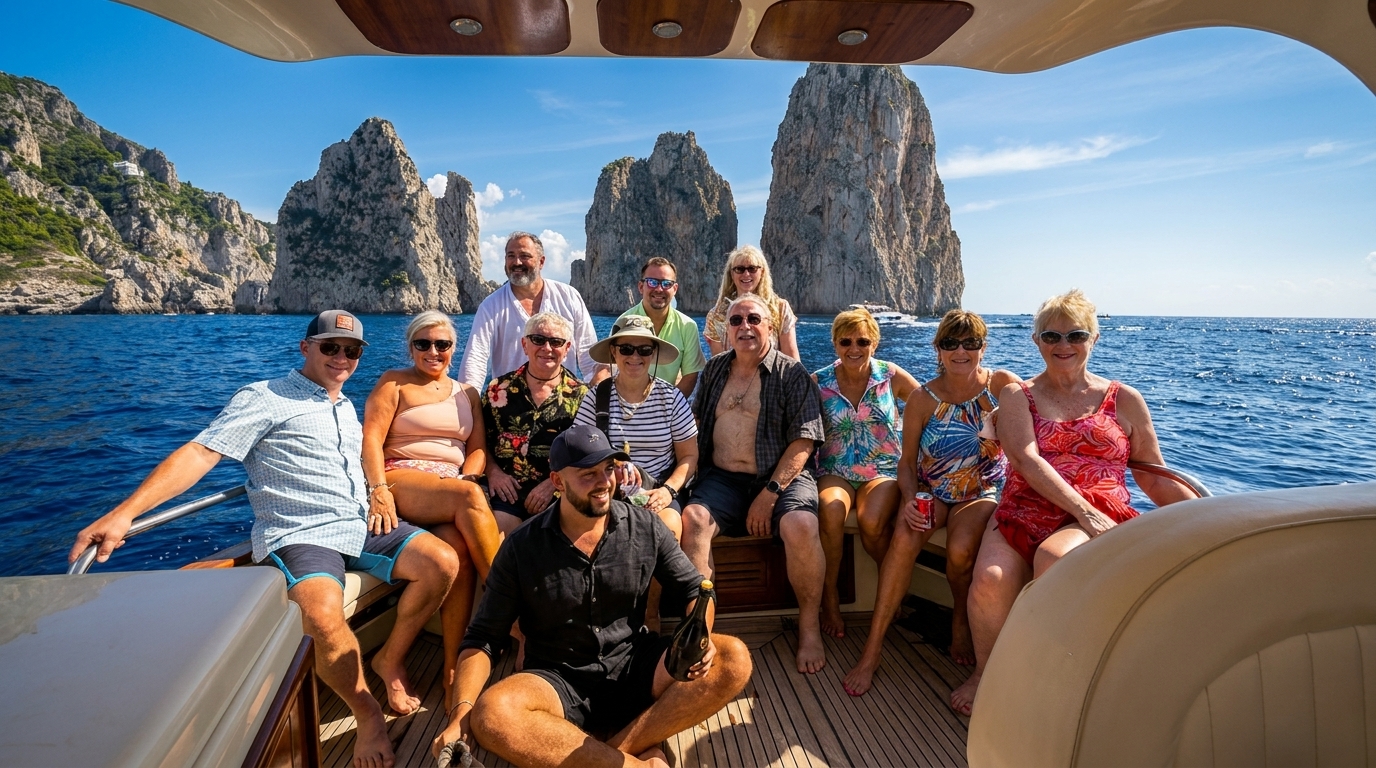 A group of people smiling on a boat with large rock formations in the background.