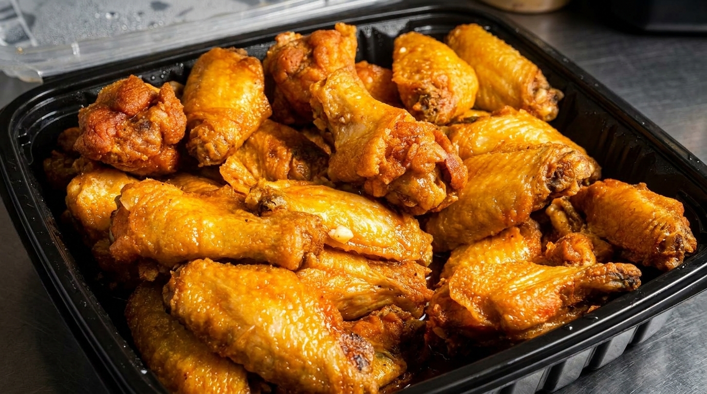 Close-up of a black takeout container filled with golden-brown, crispy chicken wings.
