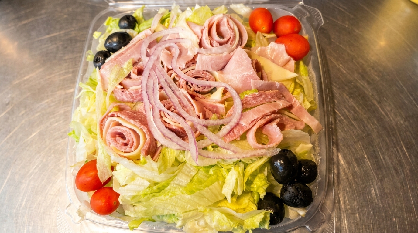 Fresh salad with lettuce, sliced meats, red onions, cherry tomatoes, and black olives in a plastic container.