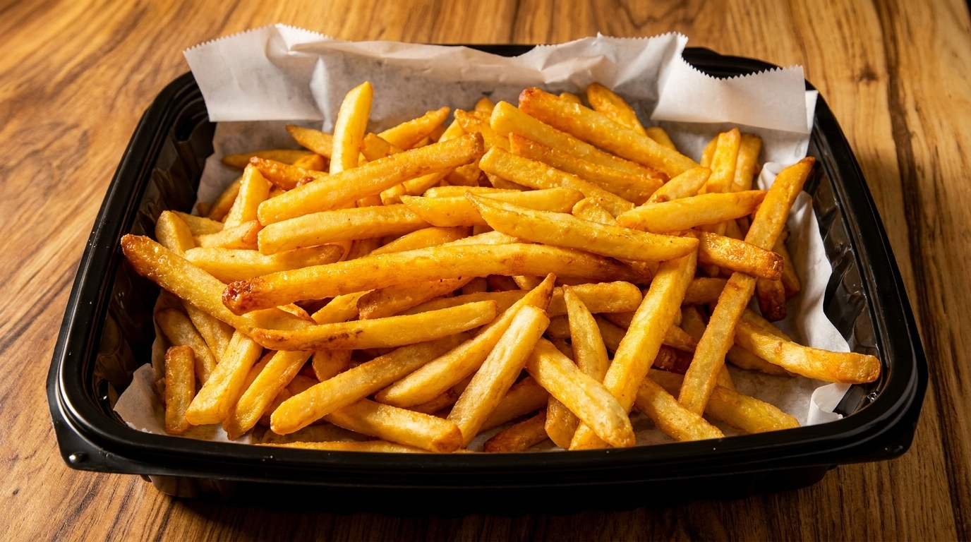 Golden brown french fries in a black container lined with white paper, on a wooden table.