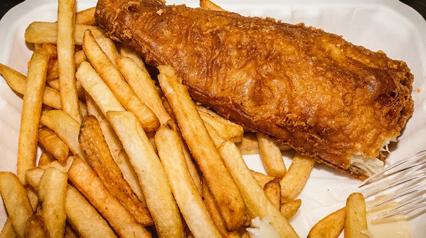 Crispy golden-brown fish and chips served in a white paper tray with a plastic fork.