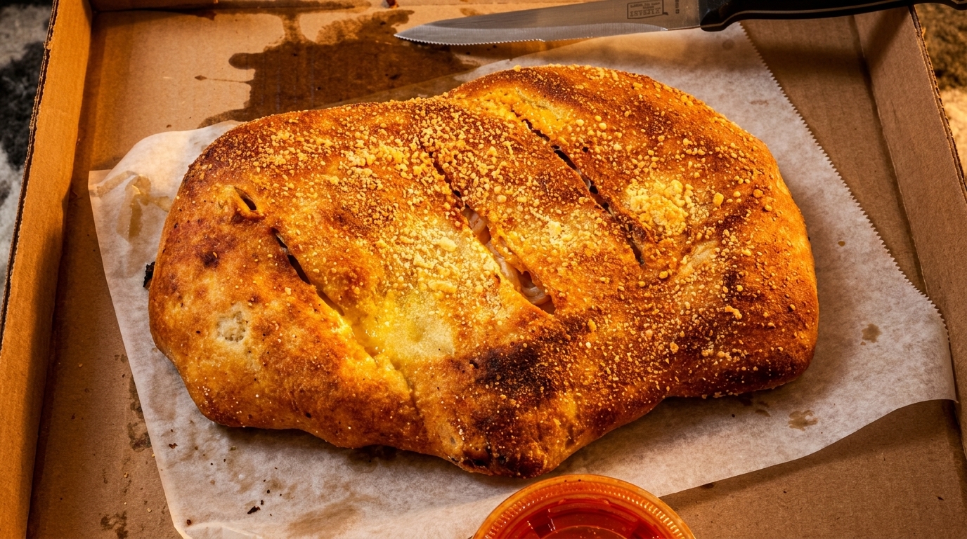 Golden-brown calzone with cheese and sauce, served in a pizza box with a knife.