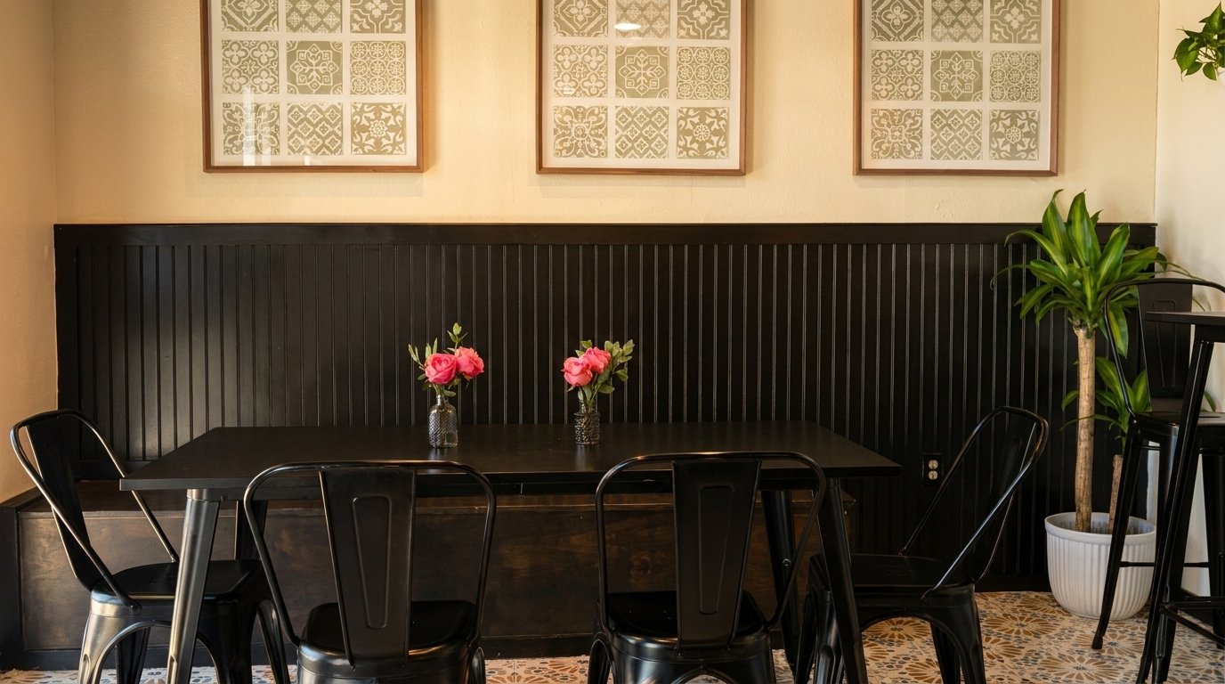 Restaurant dining area with black tables and chairs, pink flowers, and patterned wall art.