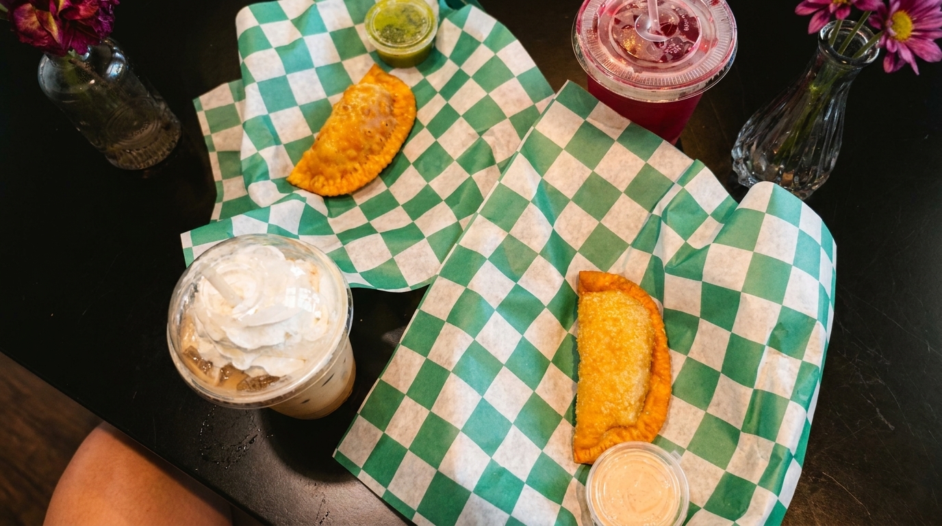 Two golden empanadas on green and white checkered paper, with drinks and sauces on a dark table.