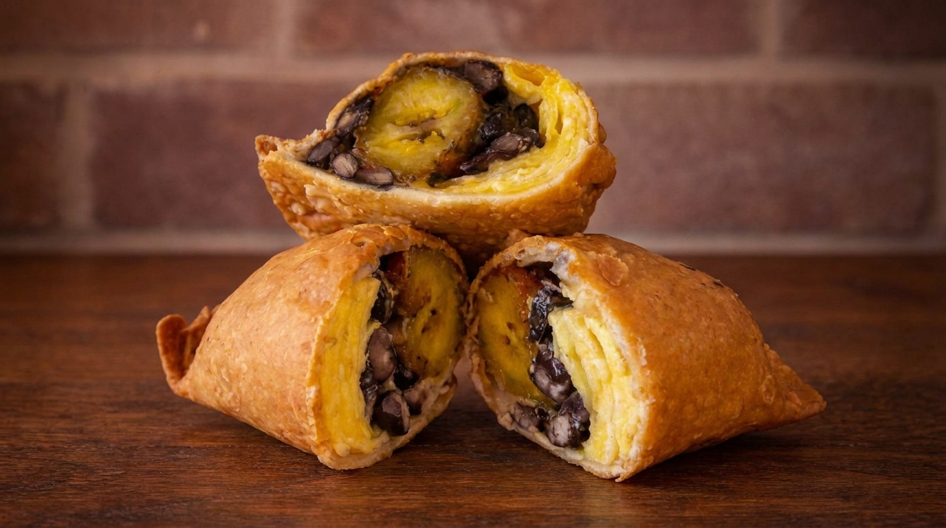 Three golden-brown empanadas, cut open to reveal a filling of plantains, black beans, and scrambled egg.