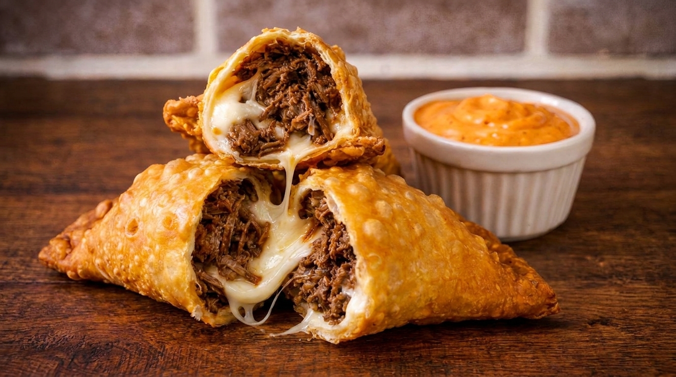 Two golden-brown empanadas, one split open revealing melted cheese and shredded beef, with a side of orange dipping sauce.