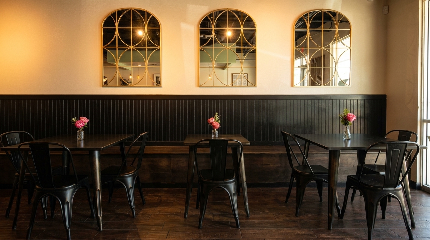 Restaurant interior with dark tables and chairs, black wainscoting, and three arched gold mirrors.
