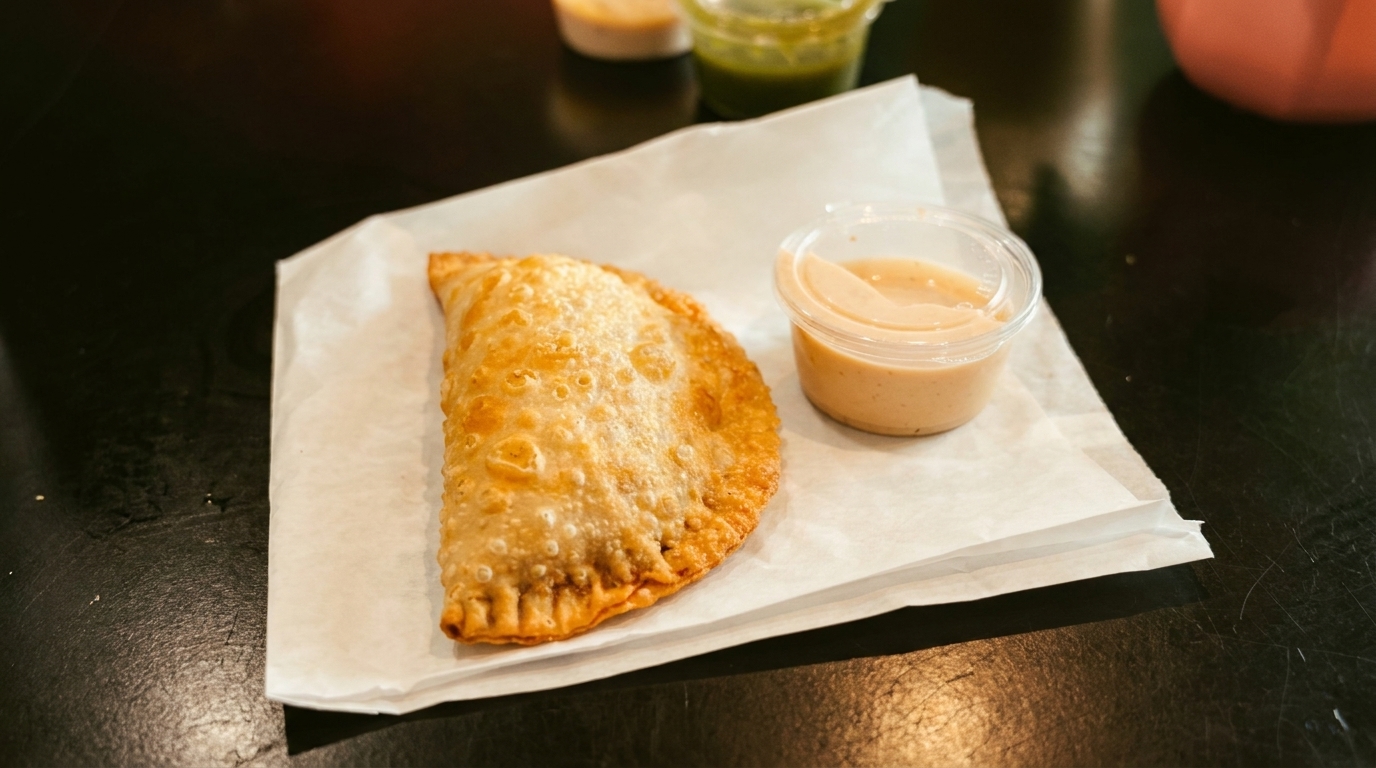 Golden-brown empanada on white paper with a side of creamy dipping sauce.