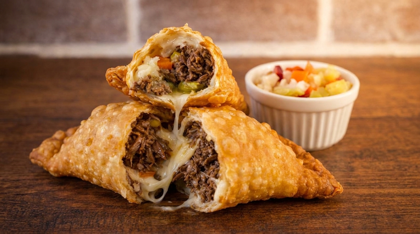 Two golden-brown empanadas, one split open revealing melted cheese, shredded meat, and vegetables, with a side of relish.
