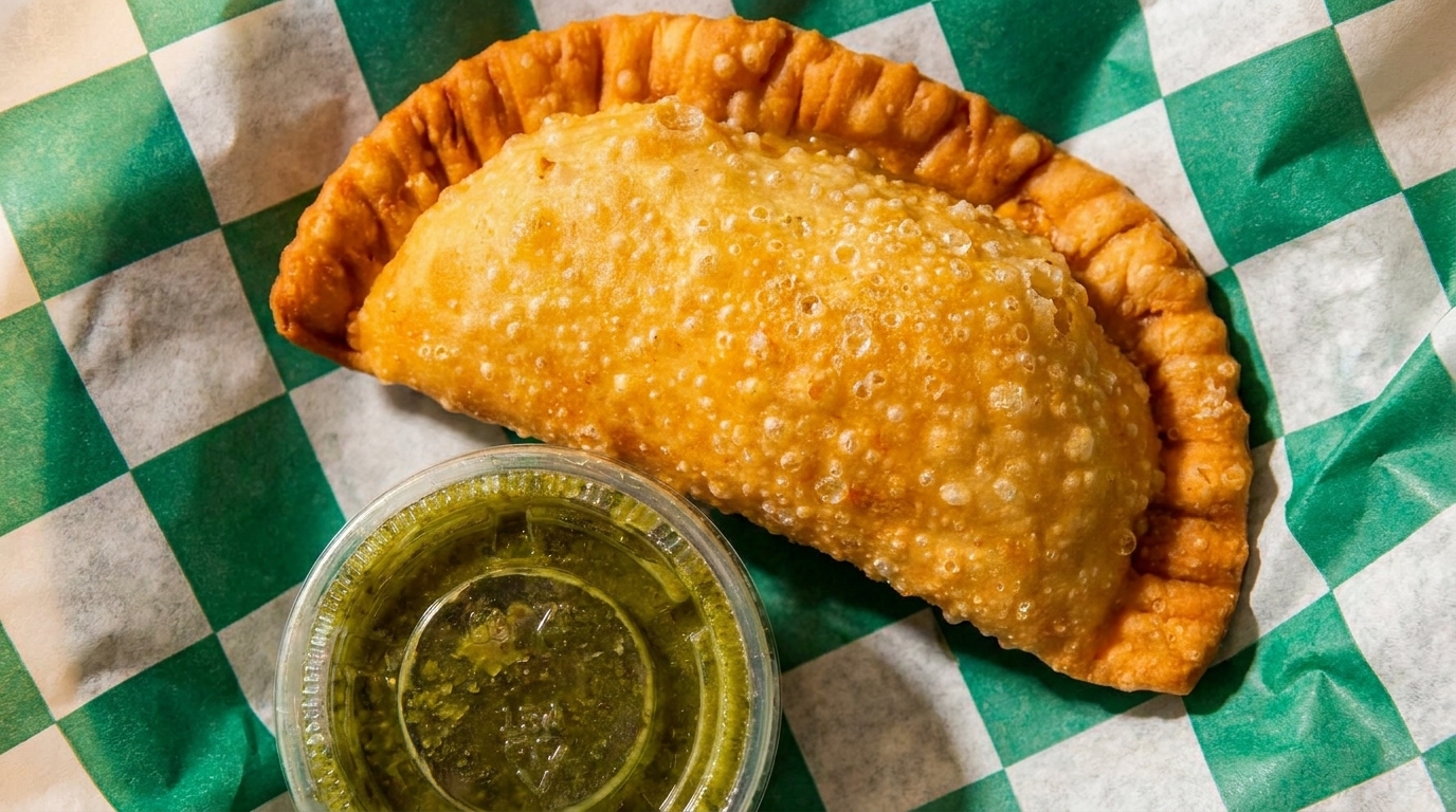 Golden-brown empanada and a small container of green sauce on green and white checkered paper.