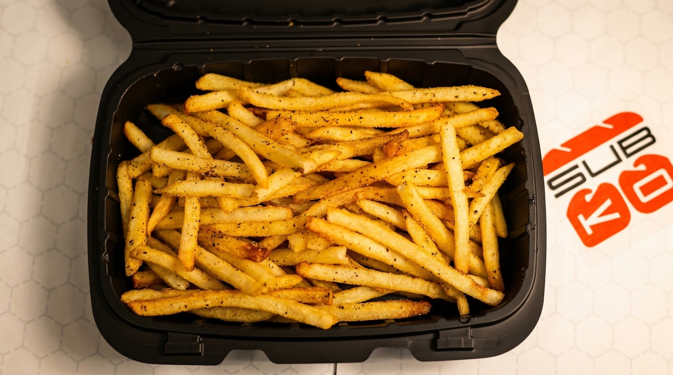 Seasoned french fries in a black to-go container next to a red "SUB K" logo.