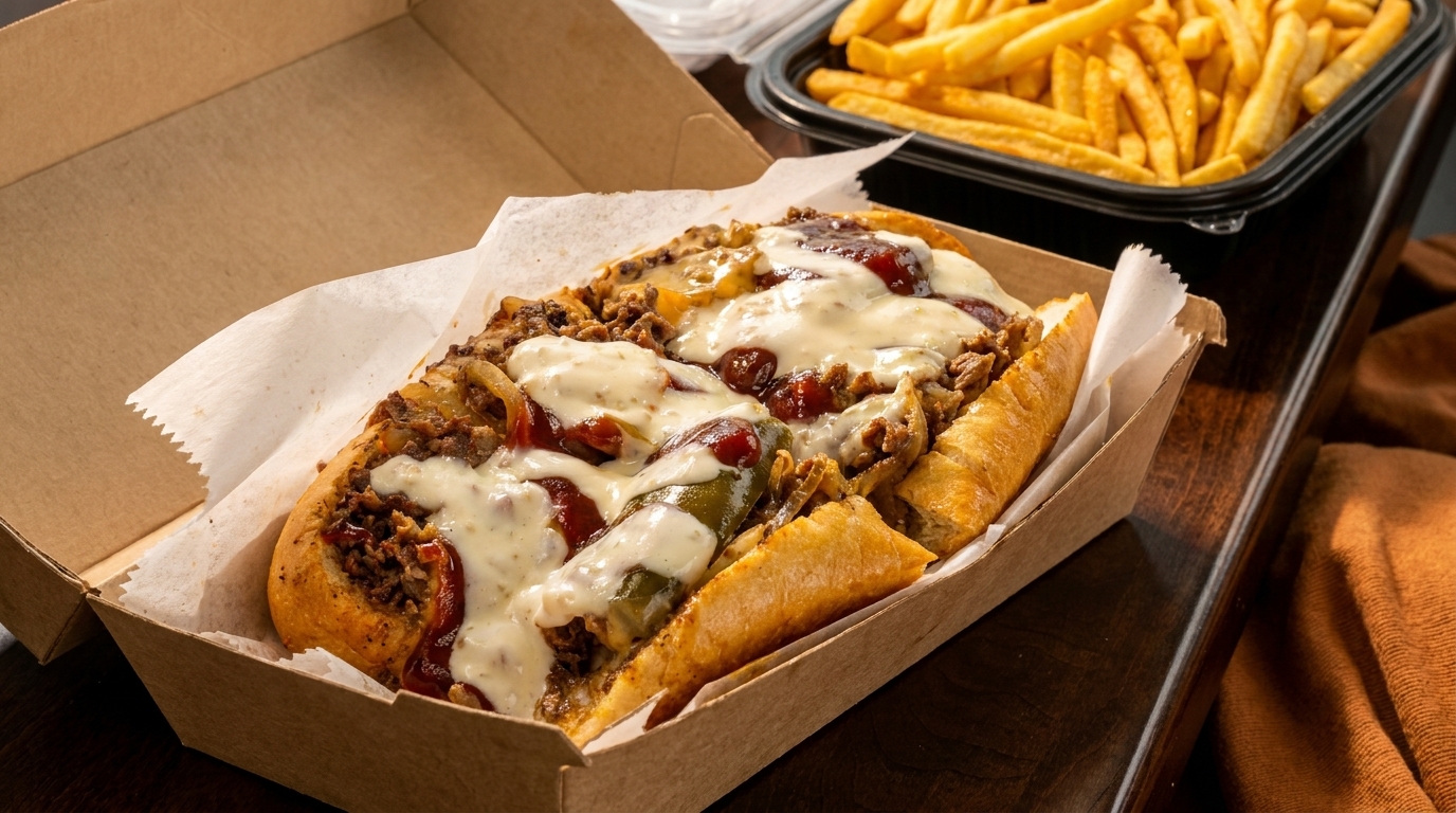 Cheesesteak sandwich with melted cheese, peppers, and sauce in a takeout box, with fries in the background.
