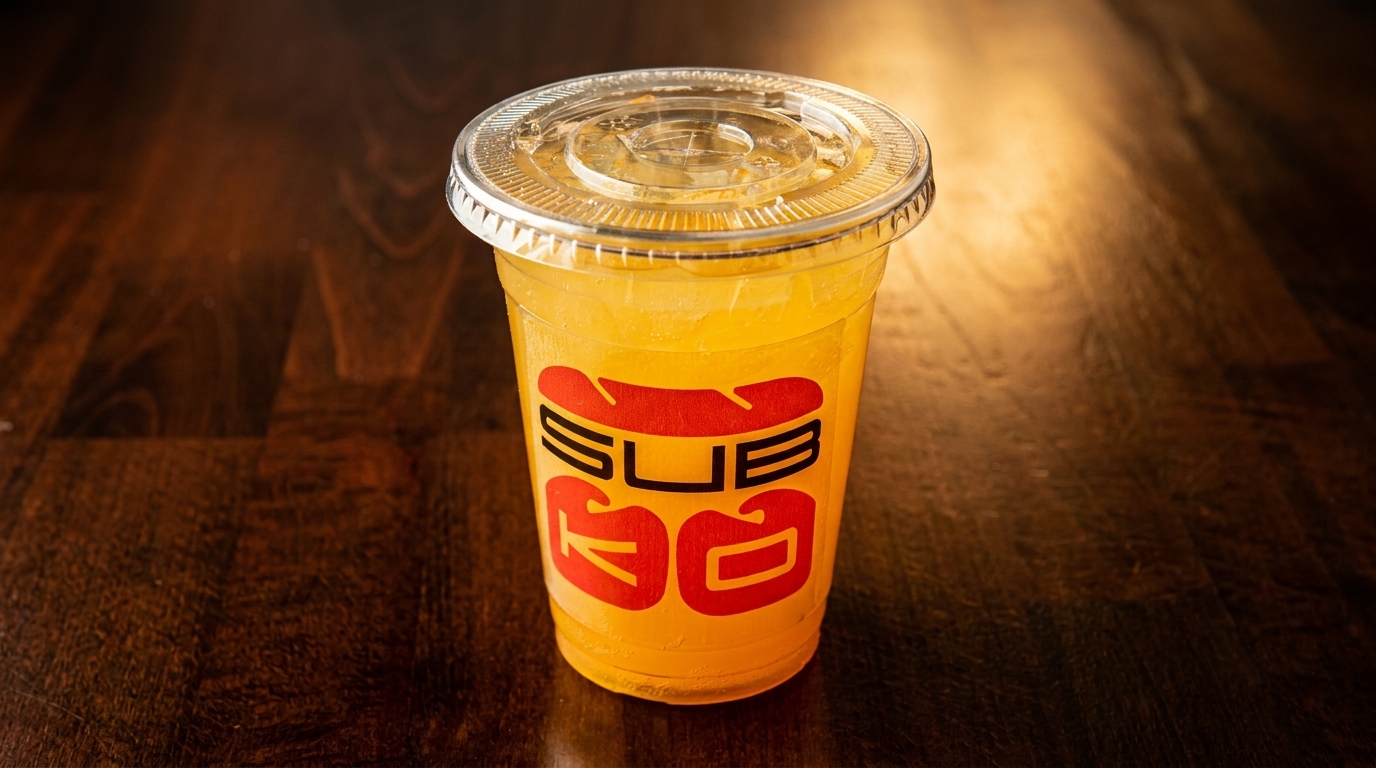 A plastic cup of orange juice with a red "SUB KUDO" logo on a wooden table.