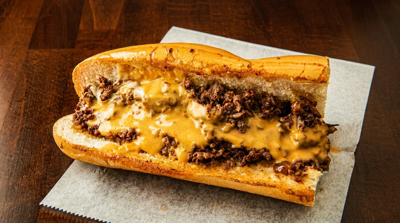 Cheesesteak sandwich with melted cheese and ground meat on a white paper, on a wooden table.