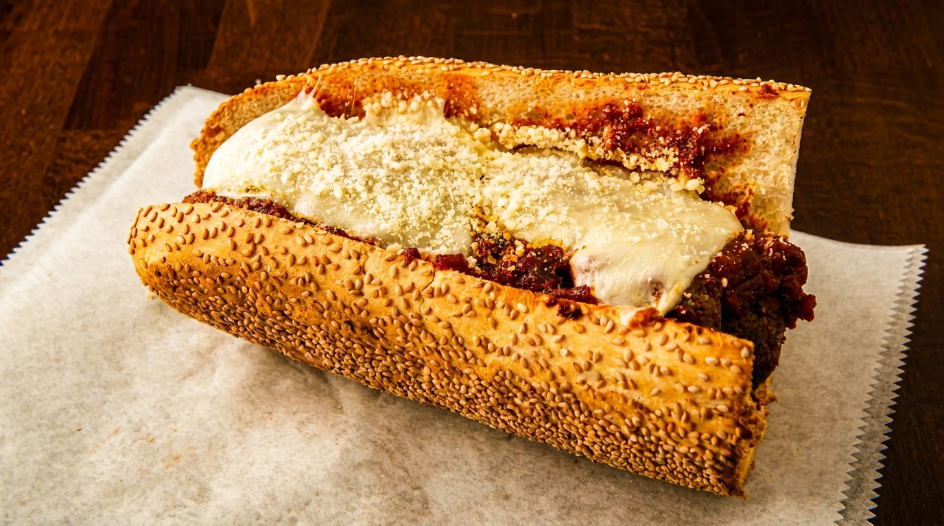 Meatball sub sandwich with melted mozzarella and grated Parmesan cheese on a sesame seed roll.