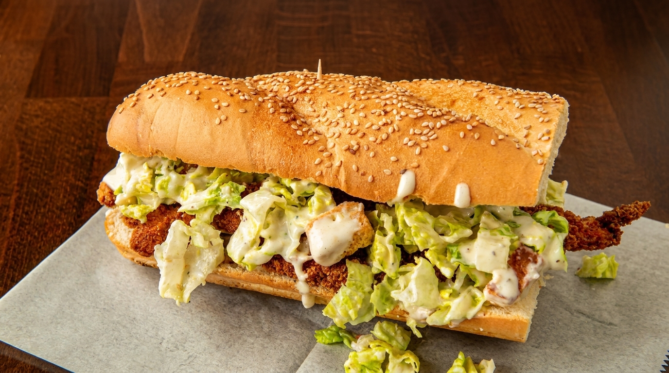 Crispy chicken sandwich with lettuce, croutons, and creamy dressing on a sesame seed hoagie roll.