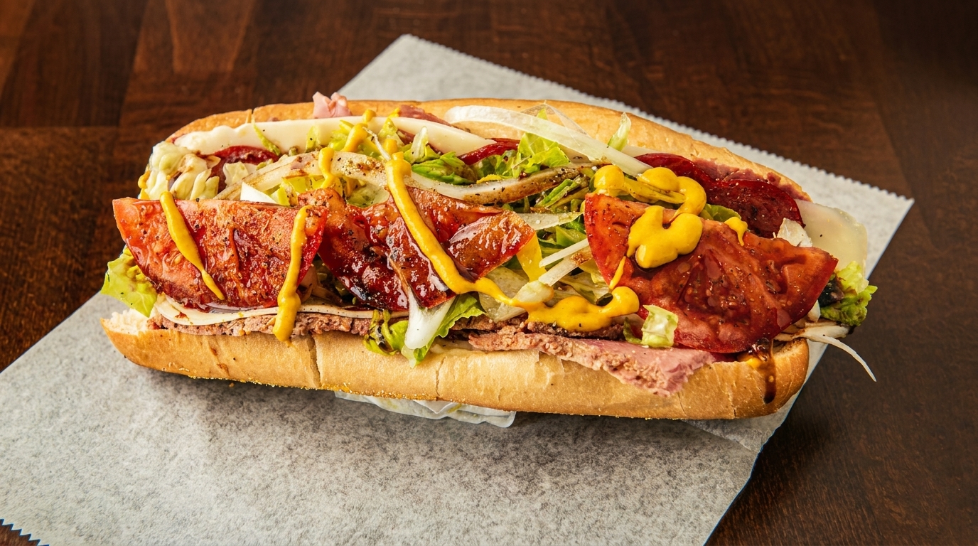 A large, fully loaded submarine sandwich with various meats, cheese, vegetables, and mustard on a wooden table.