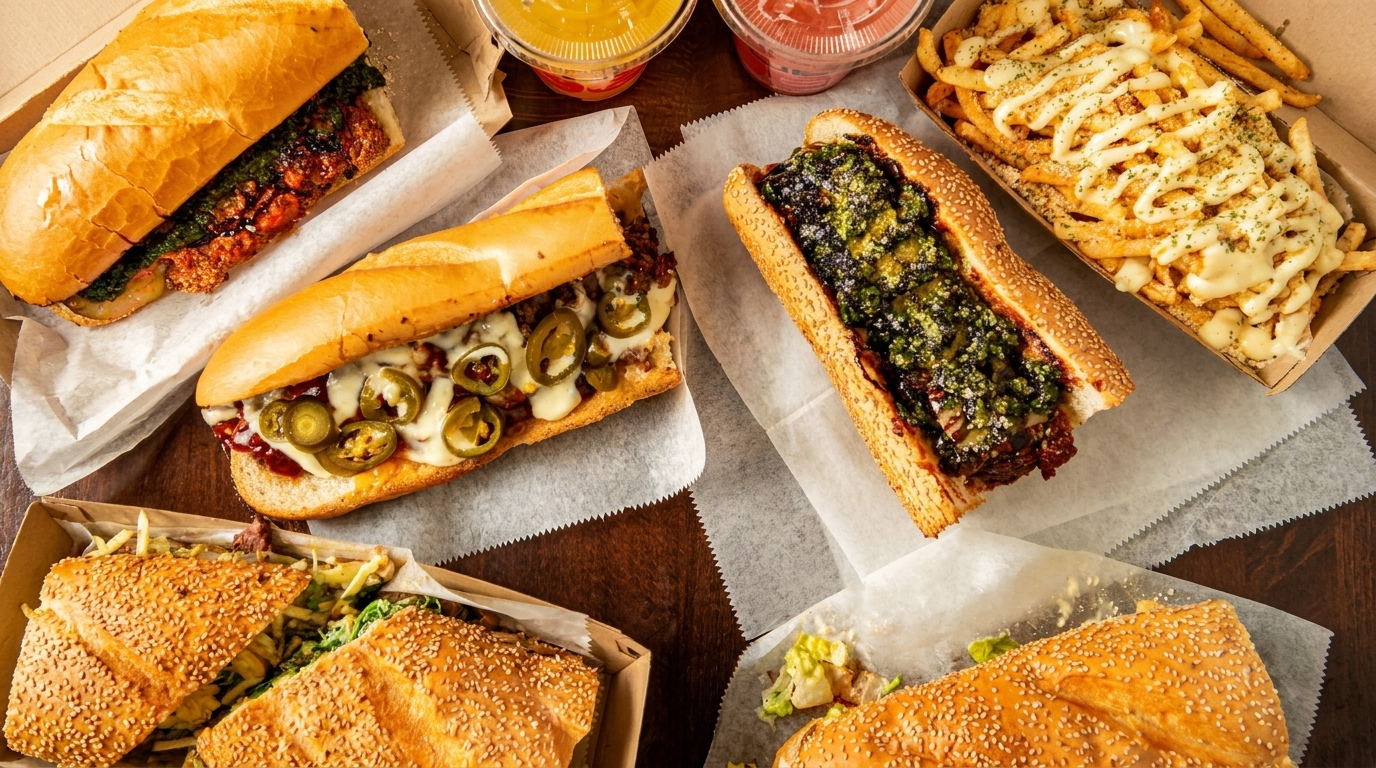 An overhead view of various sandwiches and loaded fries on a wooden table.