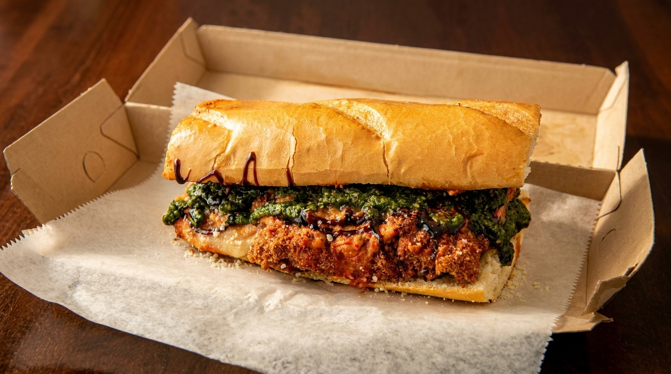 A large sandwich with crispy chicken, green pesto, and balsamic glaze in a takeout box.