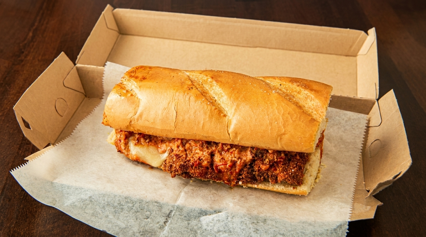 A meatball sub with melted cheese and sauce in a cardboard takeout box.